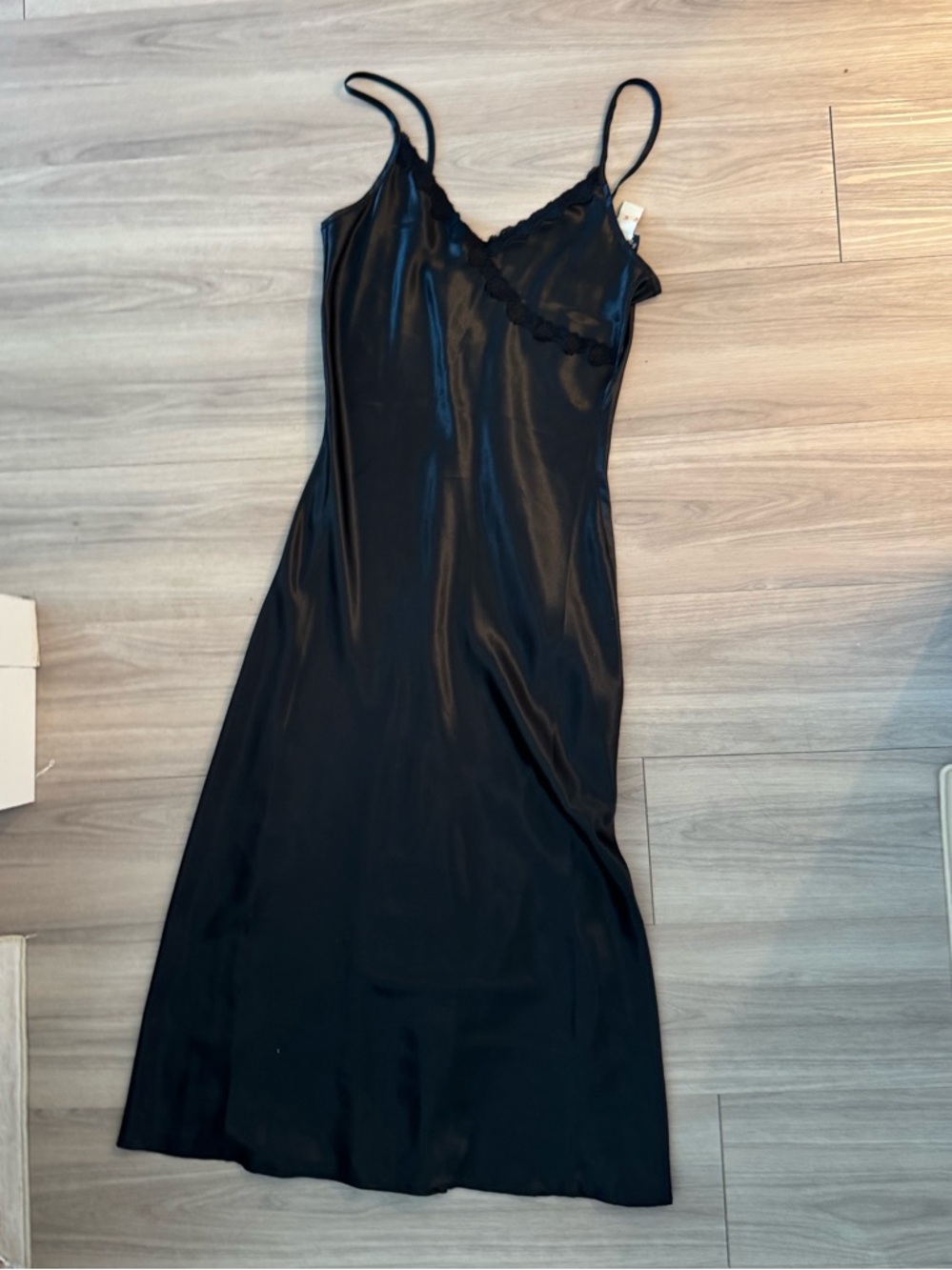 Vintage Jessica Black Satin Slip Dress with Lace Trim